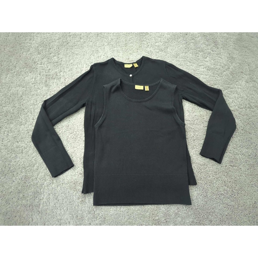 Lot of 2 Caslon Sweater Womens M Black Cardigan Sleeveless Set Made in Hong Kong